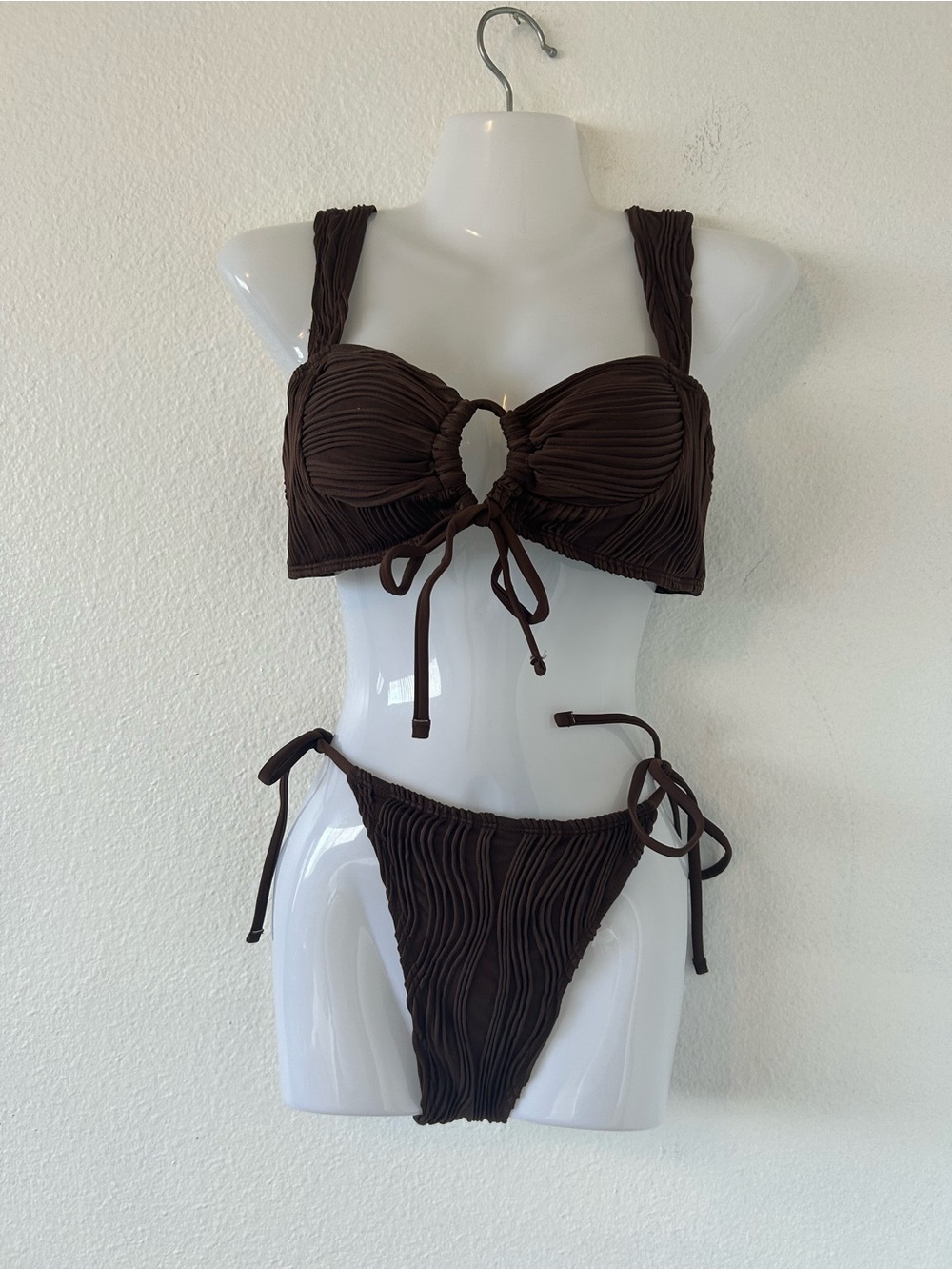 Seamoly Brown Textured Tie-Front Two Pieces Bikini Set - Size M